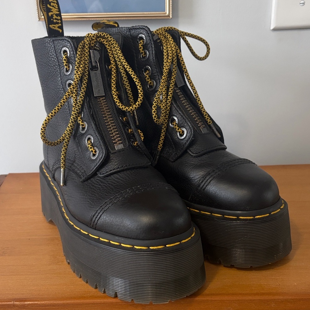 Dr. Martens Black Platform Boots with Yellow Laces